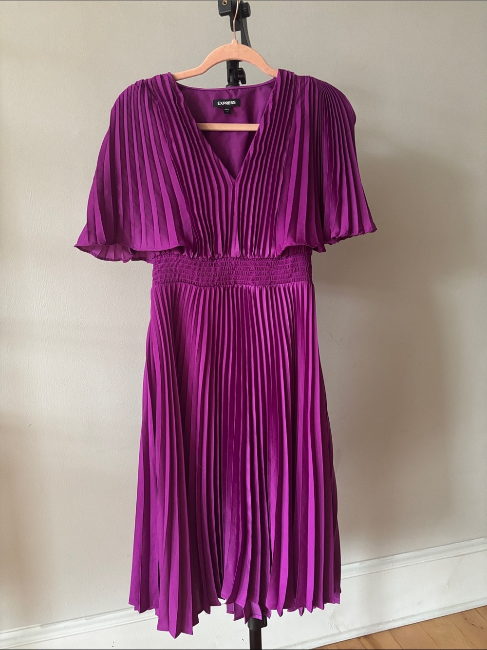 Express Magenta Pleated V-Neck Midi Dress